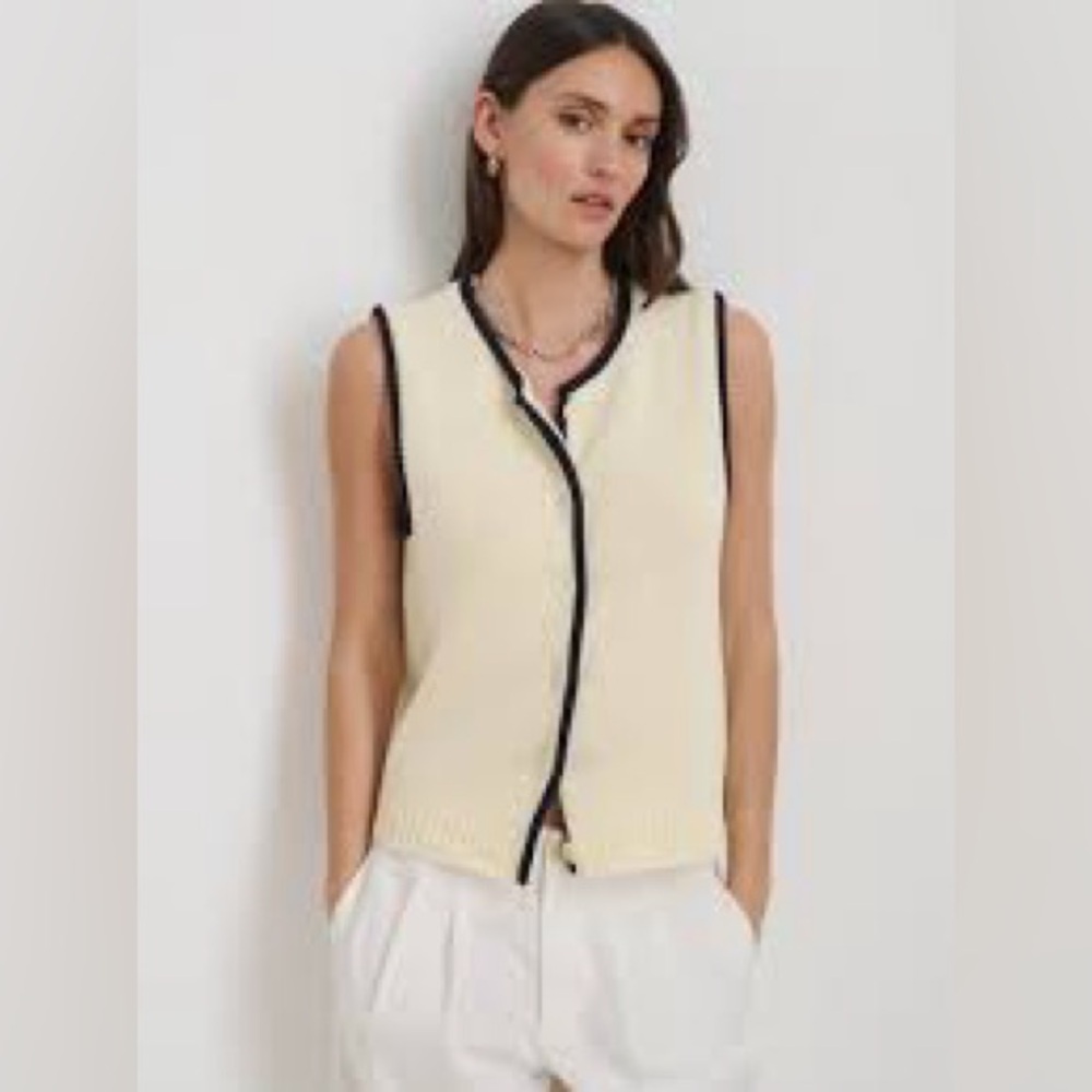 NEW Alex Mill Ivory Bridget Navy Tipped Sweater Vest 100% Cotton Knit Size XS